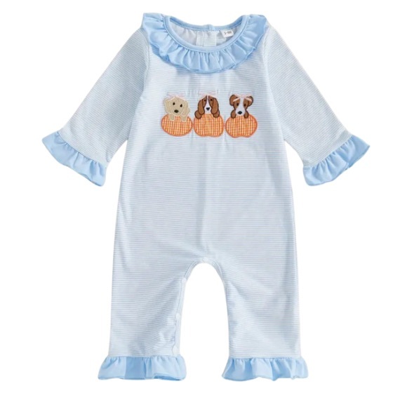 Blue Gingham Puppy Dog Embroidered Bubble Jumpsuit Girls Ruffle Halloween Fall
